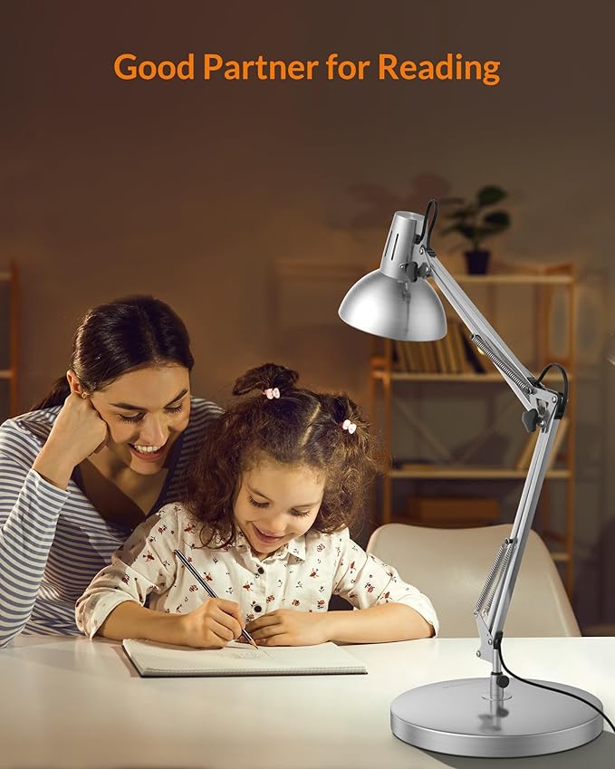 LEPOWER Metal Desk Lamp, Adjustable Goose Neck Architect Table Lamp with On/Off Switch, Swing Arm Desk Lamp with Clamp, Eye-Caring Reading Lamp for Bedroom, Study Room &Office (Silver)