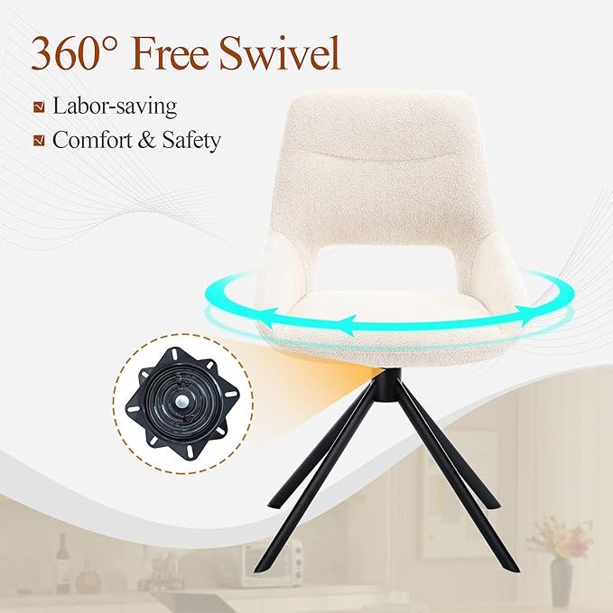 Mid Century Modern Desk Chair No Wheels Set of 1, Linen Fabric Swivel Dining Chair with Metal Legs, Swivel Accent Chair Armchair for Small Spaces, Home Office, Living Room, Bedroom, Beige
