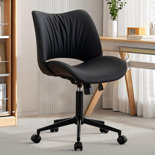 Rowill Armless Office Desk Chair, Ergonomic PU Leather Modern Task Chair with Back Adjustable Height, 360° Swivel Vanity Chairs with Wheels for Small Space, Home Office, Bedroom, Black