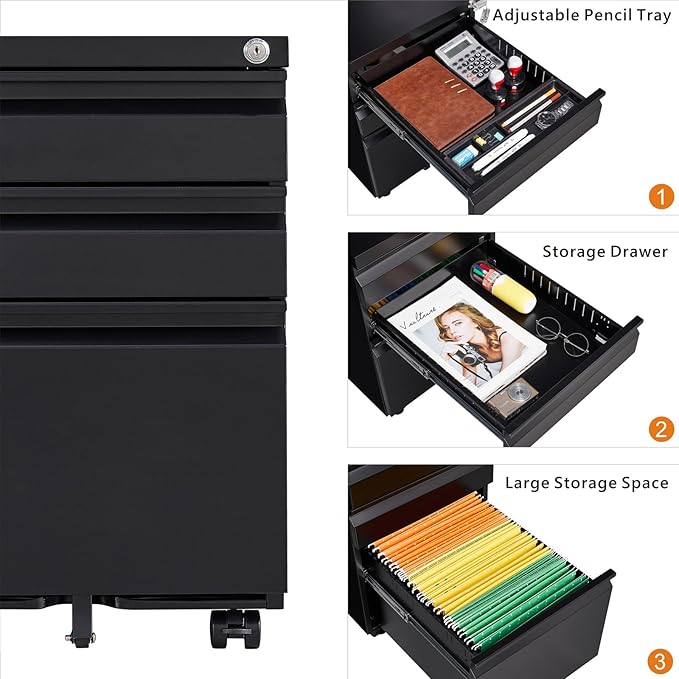 LUCYPAL 3 Drawer File Cabinet,Metal Filing Cabinet with Lock for Home Office,Under Desk Mobile File Cabinets for Letter/Legal/A4 Size,Black,Assemble Required