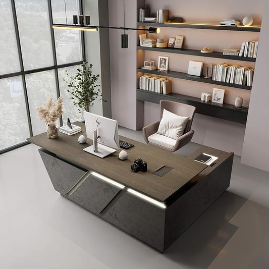 Modern Executive Desk - Adjustable Height L-Shaped Executive Desk with Drawers & File Cabinet, Black Luxury Home Office Desk, Standing Desk Business Workstation with Universal Charging Ports, 78.74 In