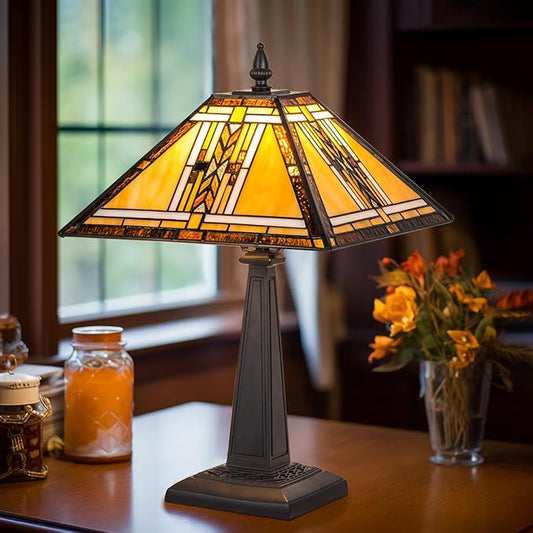Tiffany Table Lamp,Mission Stained Glass Table Light,Antique Style Medium Size Desk Lamp Vintage Beside Reading Lamp for Living Room Bedroom Office