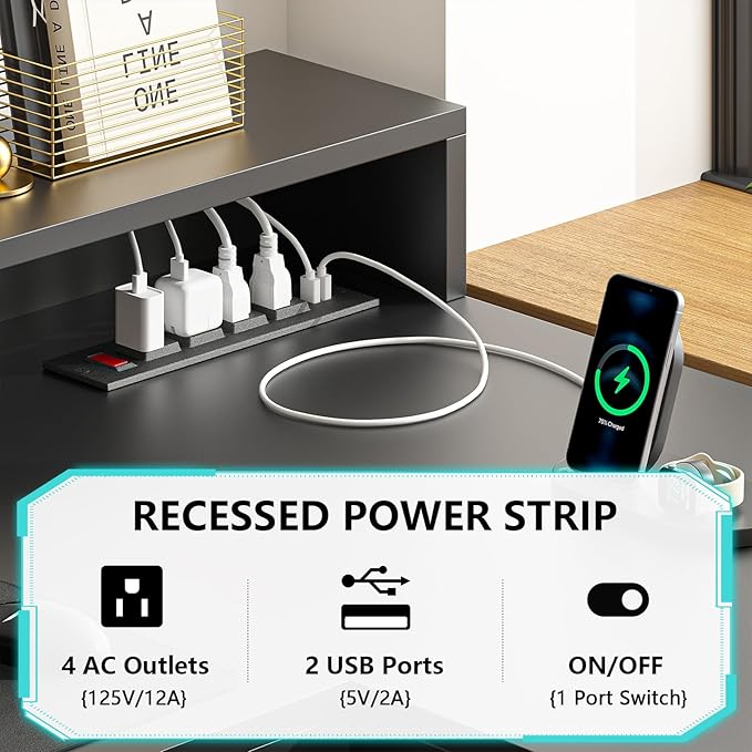 63" Farmhouse L Shaped Desk with Drawers & Storage Shelf, Corner Computer Desk with Power Outlets for Home Office, Executive Desk with Monitor Stand, Printer Shelf, Black