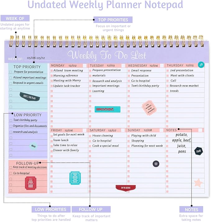 Weekly To Do List Notepad with 52 Undated Sheets, 8.5"×11" Week Desk Planner Undated Weekly Planner with Spiral Bound for Women & Man Home School and Work, Purple