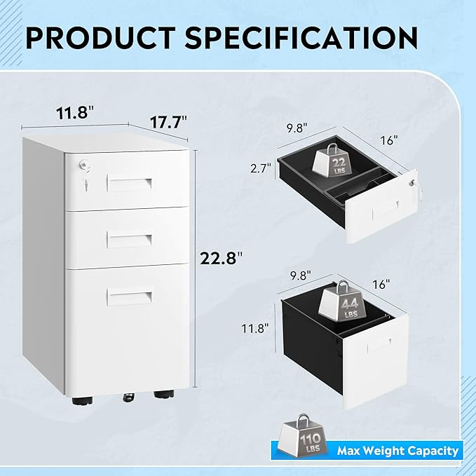 DEVAISE 3-Drawer File Cabinet, White Locking File Cabinet on Wheels, Fully Assembled Mobile Filing Cabinet for Office, 17.7" D x 11.8" W x 22.8" H