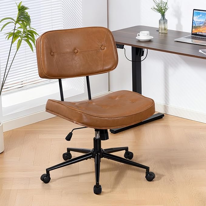 Armless Computer Chair, Small Desk Chair with Wheels and Adjustable Height, PU Leather Modern Swivel Walnut Task Chair for Home Office, Study, Library,Brown