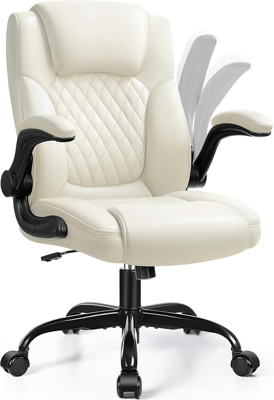Leather Office Chair, PU Home Computer Desk Chairs with Ergonomic Back Support, 360° Swivel Free，Small Gmaing Chair with Wheels and Adjustable Armrests, for Short People Use, Cream