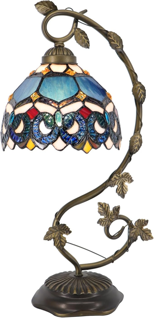 Tiffany Table Lamp, Stained Glass Desk Reading Light,Metal Leaf Table Lamp Base 8X10X21 Inches (Blue Baroque)