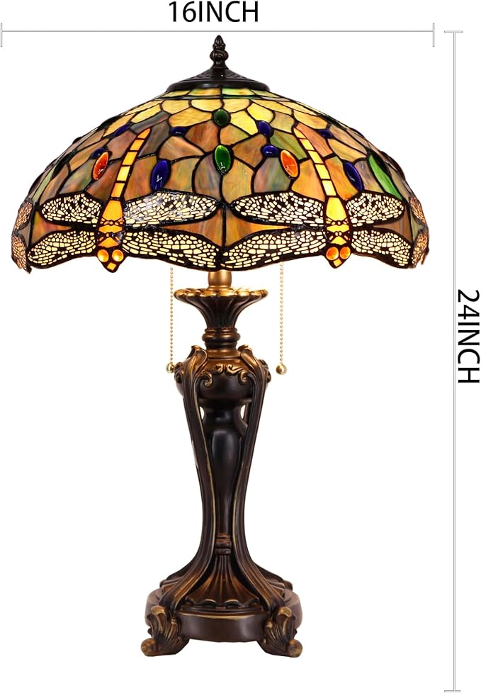 Tiffany Stained Glass Table Lamp 16X16X24 Inch Amber Yellow Dragonfly Style Desk Bedroom Living Room Antique Reading Light (Amber Yellow)