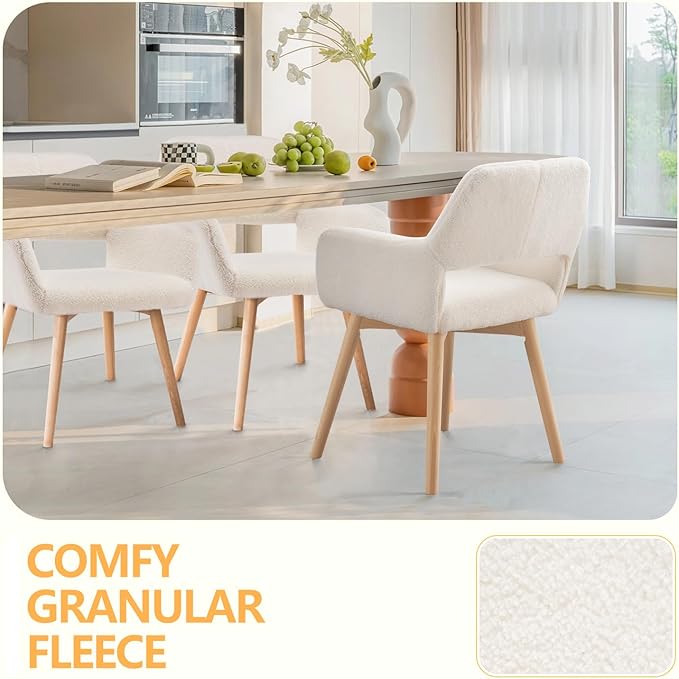 Mid Century Modern Dining Chairs Set of 4 & 2 & 6 Comfy Accent Chair Upholstered Kitchen Dining Living Room Chairs for Bedrooms Waiting Room Home Arm Desk Chair No Wheels (Wool White, 4)