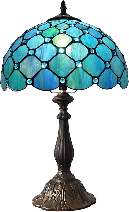 Tiffany Table Lamp Stained Glass Antique Bedside Nightstand Lamp Blue Pearl Style Small Antique Desk Light for Bedroom Living Room Home Office,3-Color LED Bulb Include