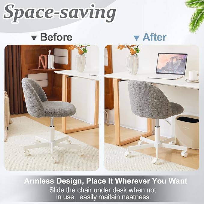 VINGLI Candy Chair Armless Cute Desk Chair,Comfy Small Office Chair with Wheels,Vanity Chair with Lumbar Support,Teddy Adjustable Rolling Swivel Computer Task Chair for Home Office,Bedroom,Muted Grey