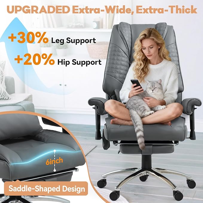 Massage & Heating Office Chair with Foot Rest, Ergonomic Executive Office Chair with Reclining Backrest, Adjustable Arms and Lumbar Support, High Back Leather Desk Chairs for Home Office, Gray