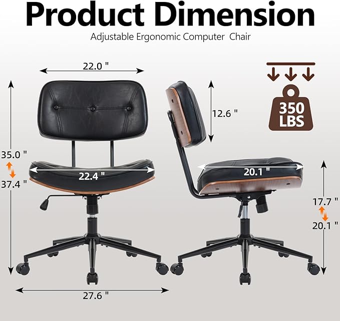 Armless Computer Chair, Small Desk Chair with Wheels and Adjustable Height, PU Leather Modern Swivel Walnut Task Chair for Home Office, Study, Library (Armle, Black)