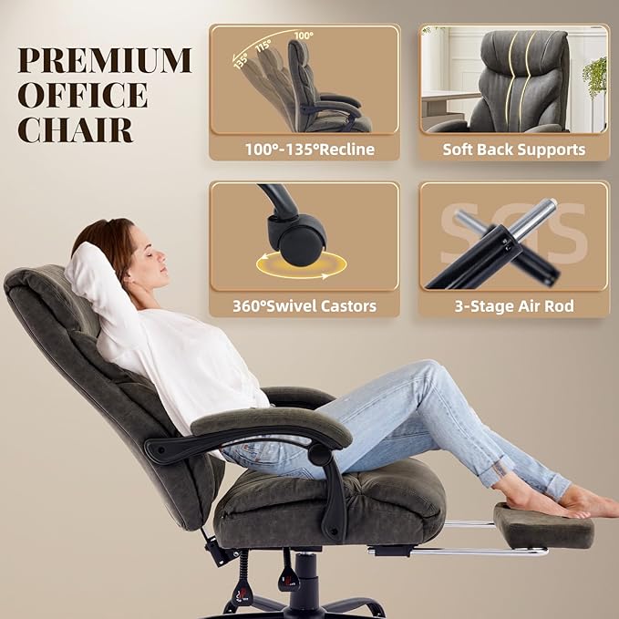 Leather Home Office Chair with Foot Rest,500lbs Big and Tall Ergonomic Desk Chair,360°Swivel Free,90°-155°Recline,43"- 47" Height Adjustable,Silent 360° Casters for Home Office Computer Desk