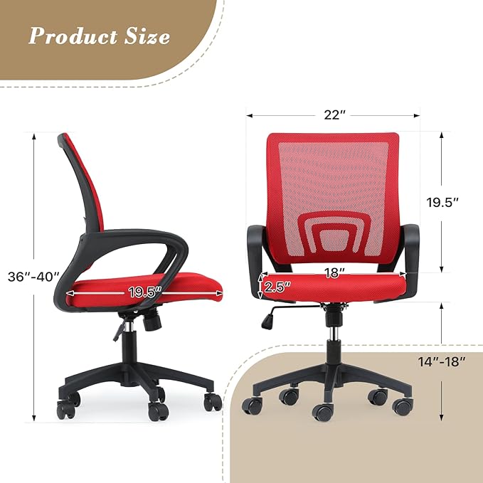Athena Collection Computer Office Chair Set of 2, Ergonomic Desk Chair with Rolling Wheels, Mesh Back Support and Height Adjustable, Small and Comfy for Home Office, Study, Red