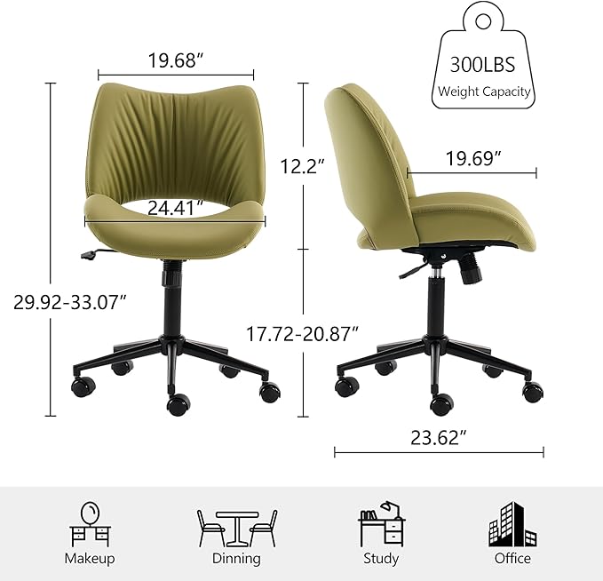 Rowill Armless Office Desk Chair, Ergonomic PU Leather Modern Task Chair with Back Adjustable Height, 360° Swivel Vanity Chairs with Wheels for Small Space, Home Office, Bedroom, Avocado Green