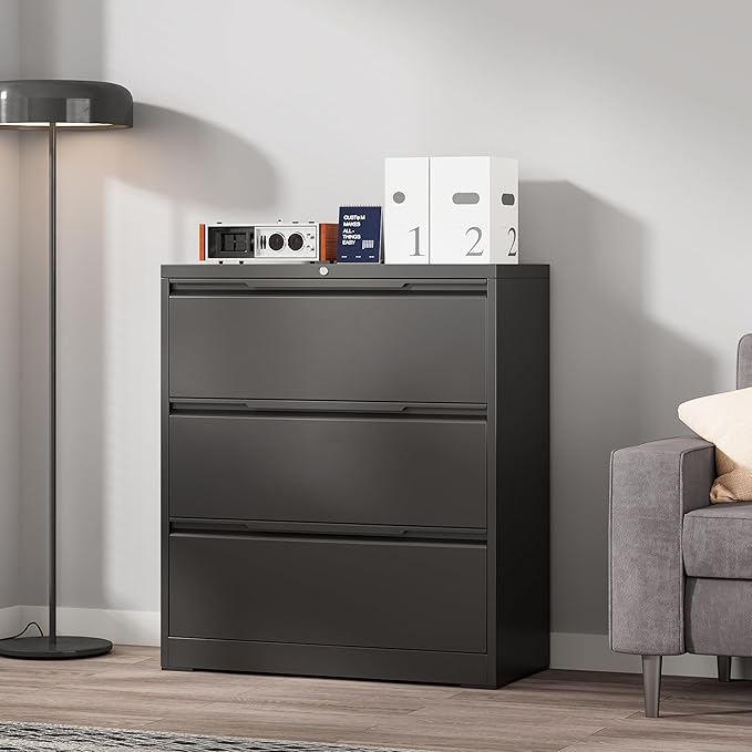 Coolsun Lateral File Cabinet, 3 Drawer File Cabinet with Lock, Wide Filing Cabinet for Home Office, Metal Locking Cabinet for Hanging A4/F4/Letter/Legal, Assembly Required (Black, 3 Drawer)