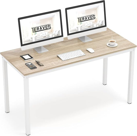 Teraves Computer Desk/Dining Table Office Desk Sturdy Writing Workstation for Home Office(55.11“, Beige + White Frame)