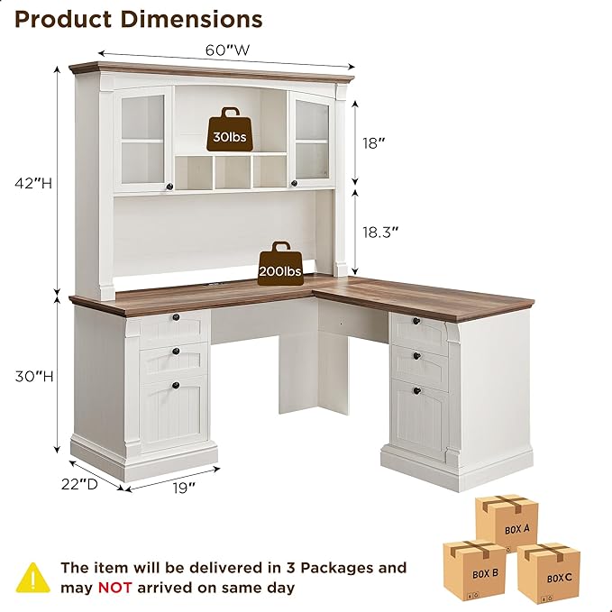 OKD 60" L Shaped Executive Desk with Hutch and Drawers, Farmhouse Home Office Desk with Charging Station, File Cabinet Storage, Wood Corner Computer Desk for Work and Study, Antique White