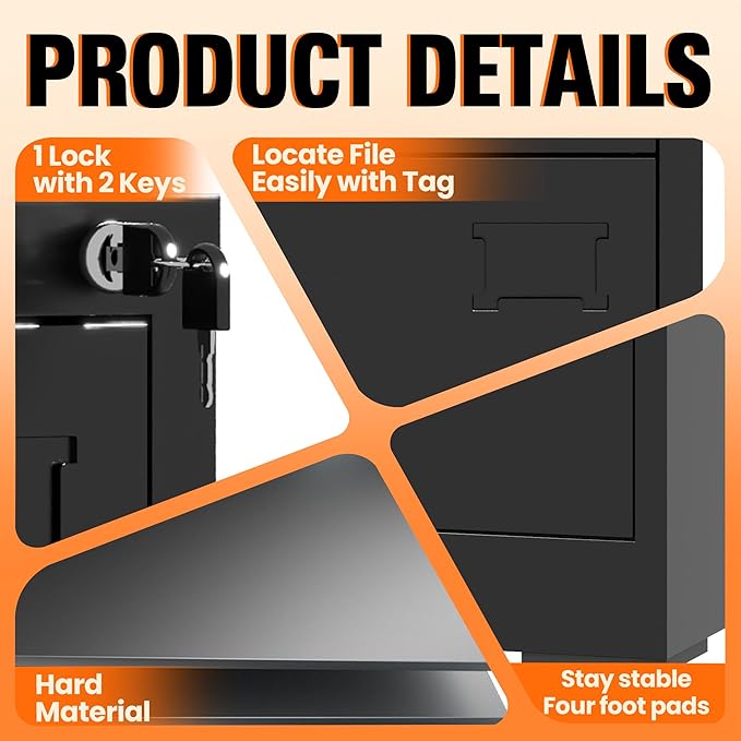 3-Drawer Locking Vertical File Cabinet, Metal Storage Cabinet for Office/Home – Secure Vertical Filing for Letter/Legal/A4/F4 Documents, Easy to Assemble Steel Cabinet, Black