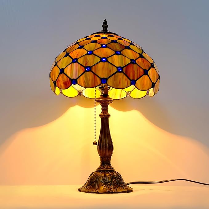 Tiffany Lamp Vintage Gradient Green Stained Glass Bead Table Lamp Desk Bedside Reading Light Decor Bedroom Living Room Home Office D12*H18 Inches (Gradient Green)