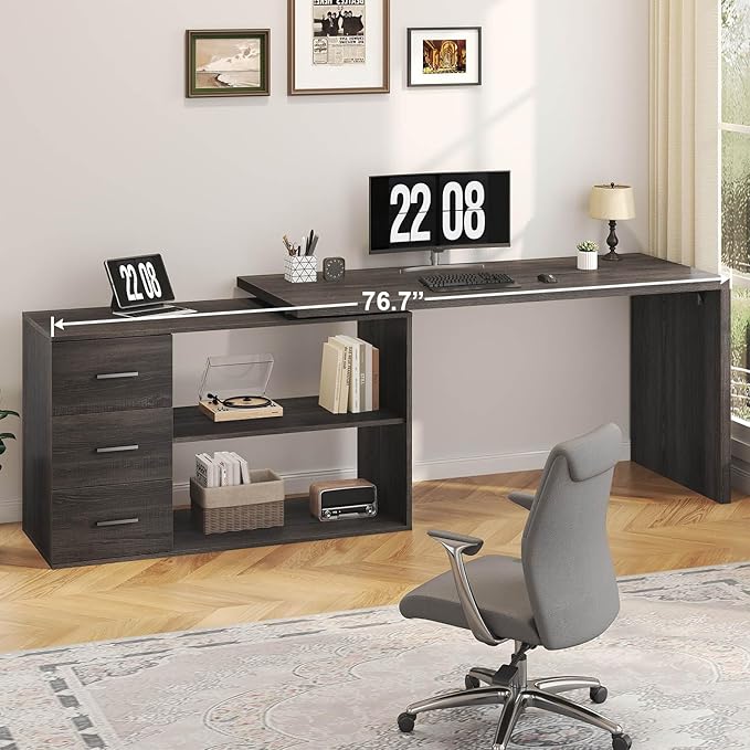HSH L Shaped Computer Desk with Drawers, 360 Rotating L Shape Desk with Storage Cabinet Shelves, Industrial Home Office Desk for Executive Writing Study Work, Dark Wood Table Swivel Desk, Gray 55 Inch