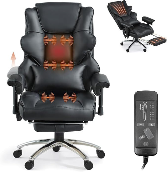 Massage Office Chair with Foot Rest, Ergonomic Executive Heated Office Chair with Reclining Backrest, Adjustable Arms and Lumbar Support, High Back Leather Desk Chairs for Home Office, Black