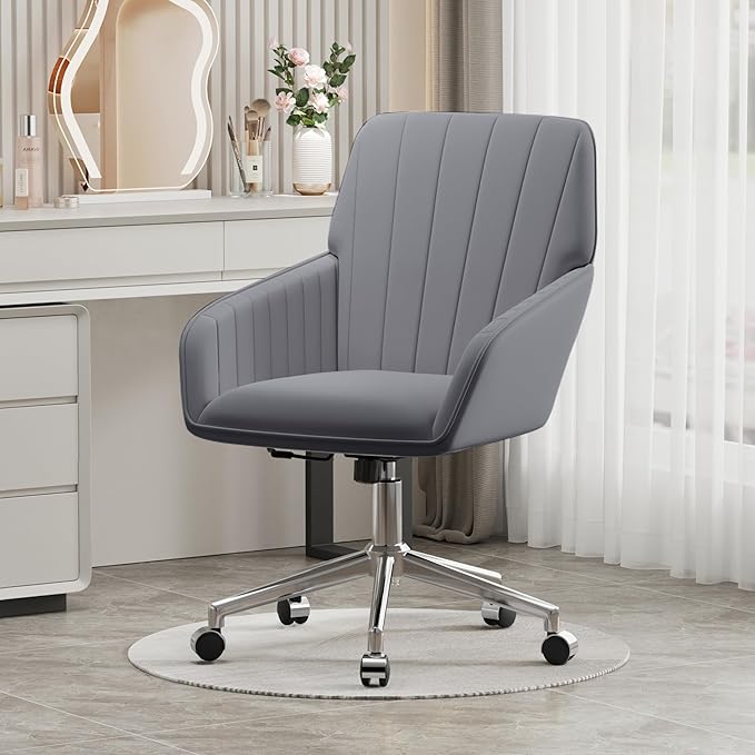 YISHENG Velvet Office Desk Chair with Silver Base, with Wheels,Modern Height Adjustable 360 Degree Swivel Upholstered Vanity Chairs with Arms for Living Room Bedroom,Gray