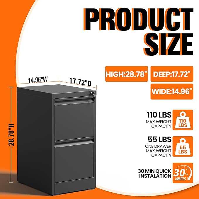 2-Drawer Locking Vertical File Cabinet, Metal Storage Cabinet for Office/Home – Secure Vertical Filing for Letter/Legal/A4/F4 Documents, Easy to Assemble Steel Cabinet, Black (Black, 2 Drawer-28 H)