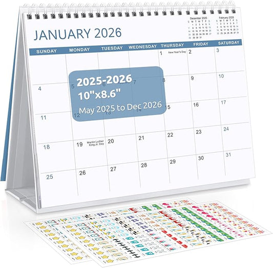 SKYDUE Desk Calendar 2025-2026, Jul 2025 to Dec 2026, 18 Months Small Desk Calendar with Planner Stickers, 10" x 8" Desktop Calendar Planner Standing Flip, Blue