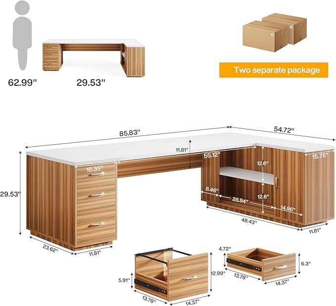 Tribesigns 85.8-Inch L-Shaped Executive Office Desk with File Drawers & Storage Cabinet, Professional Corner Computer Desk Extra Large Business Workstation with Adjustable Shelves (White&Walnut)