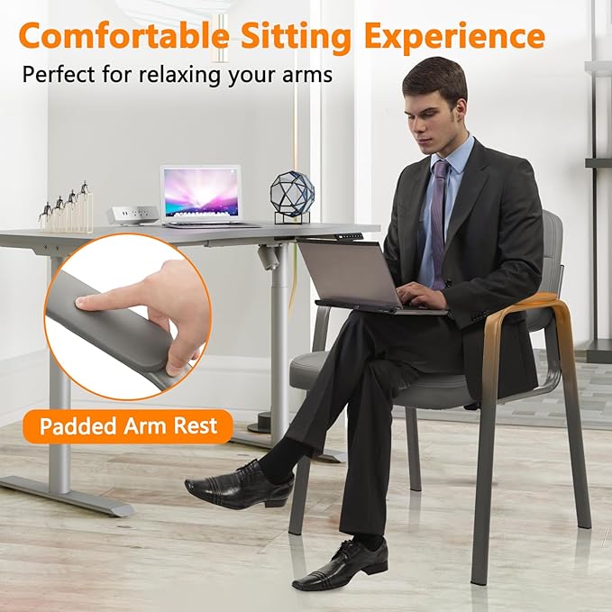 CLATINA Waiting Room Chairs No Wheels Set of 2, Stationary Leather Office Reception Guest Chair with Padded Arms for Elderly Desk Conference Room Lobby Table Side Salon, Grey