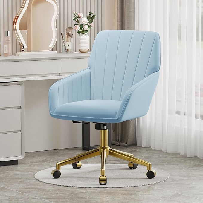 YISHENG Velvet Office Desk Chair with Gold Base, with Wheels,Modern Height Adjustable 360 Degree Swivel Upholstered Vanity Chairs with Arms for Living Room Bedroom,Sky Blue
