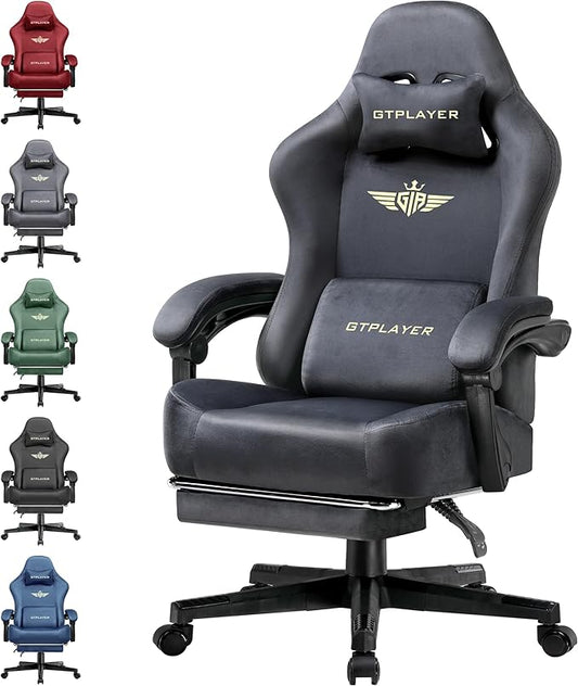 GTPLAYER Gaming Chair Fabric with Pocket Spring Cushion, Big and Tall Gamings Chairs 350LBS High Back Computer Chair with Footrest for Adults Lumbar Support Swivel Game Chair for Office Light Gray