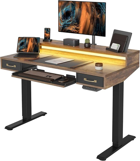 FEZIBO 55 x 24 Inch Height Adjustable Electric Standing Desk with Double Drawers&Keyboard Tray, Stand Up Desk with LED Strips&Monitor Stand,Rustic Brown Top