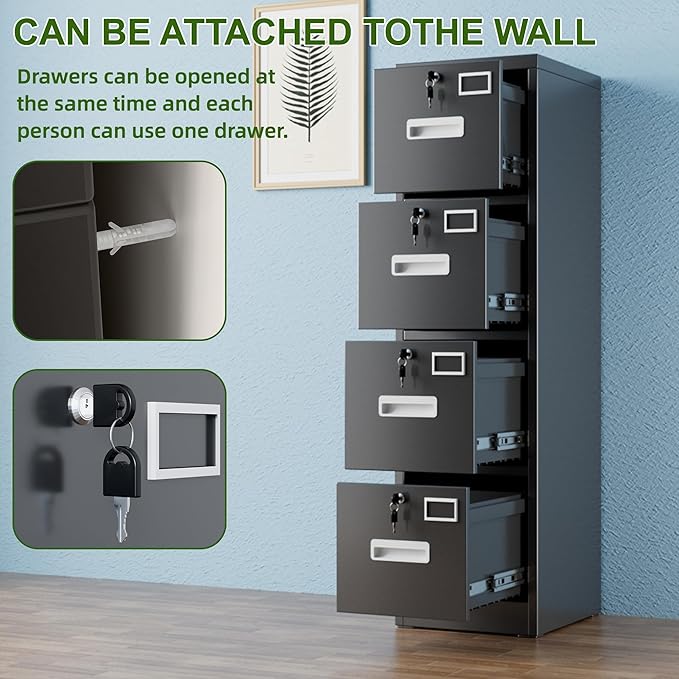 Aobabo 4 Drawer File Cabinet, Metal Filing Cabinet with Lock for Office Letter/Legal Size,Black,Required-Assembly