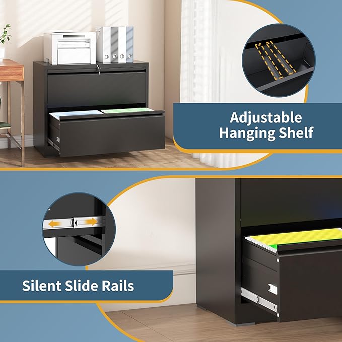 2 Drawer File Cabinet with Lock, Lateral Filing Cabinets,Metal Storage Filing Cabinets for Home Office, Heavy Duty File Cabinet for Letter/Legal/A4/F4 Size Amssebly Required, Black