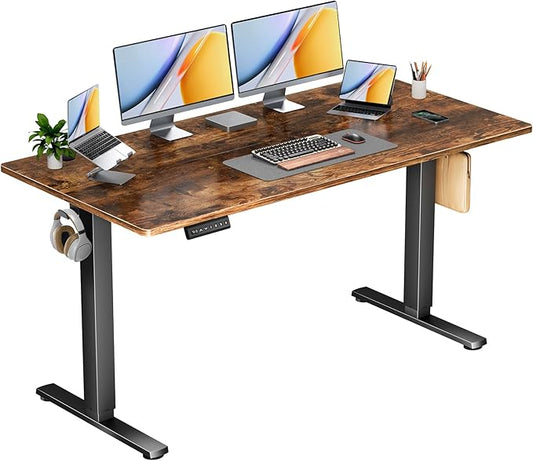 Sweetcrispy Standing Adjustable Height Desk, Electric 63 x 24 Inch Stand Up Rising Computer Gaming Table with 3 Memory Presets, Splice Board, T-Shaped Bracket Home Office Workstation, Rustic Brown