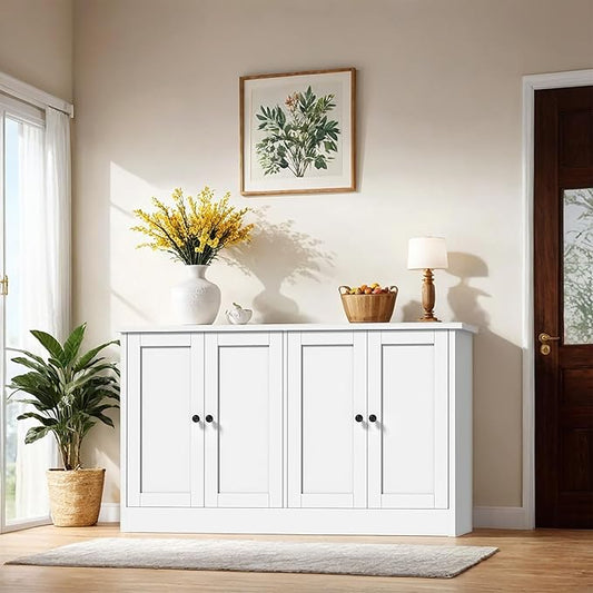 White Buffet Storage Cabinet with 4 Door, 49" W Coffee Bar Cabinet, Kitchen Buffet Sideboard for Living Room, Kitchen