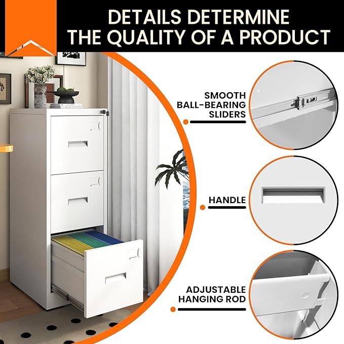 3-Drawer Locking Vertical File Cabinet, Metal Storage Cabinet for Office/Home – Secure Vertical Filing for Letter/Legal/A4/F4 Documents, Easy to Assemble Steel Cabinet, White