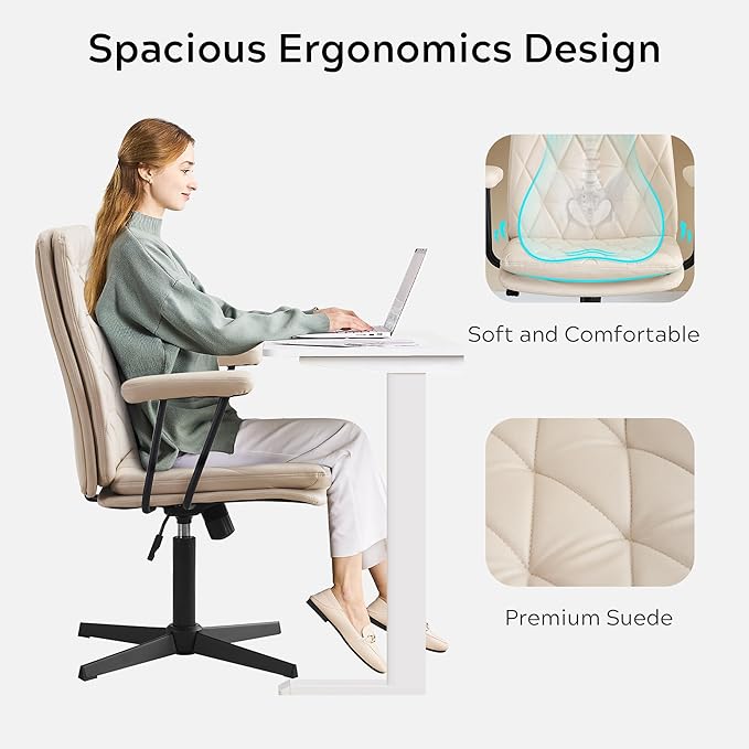 Desk Chair No Wheels with Arms Crossleg Stationary Ergonomic Soft Cushion Home Office Swivel Working Computer Chair Cream White