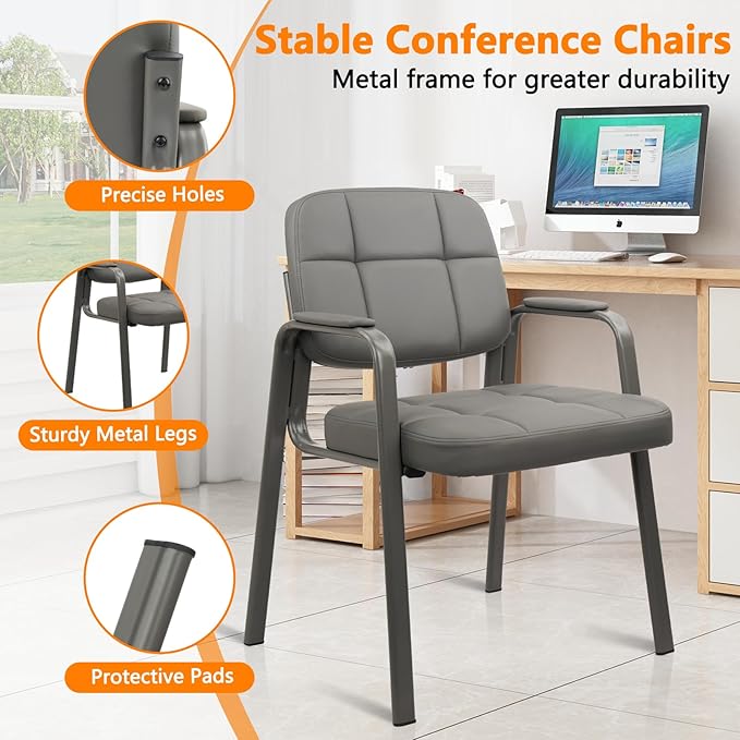 CLATINA Waiting Room Chairs No Wheels Set of 2, Stationary Leather Office Reception Guest Chair with Padded Arms for Elderly Desk Conference Room Lobby Table Side Salon, Grey