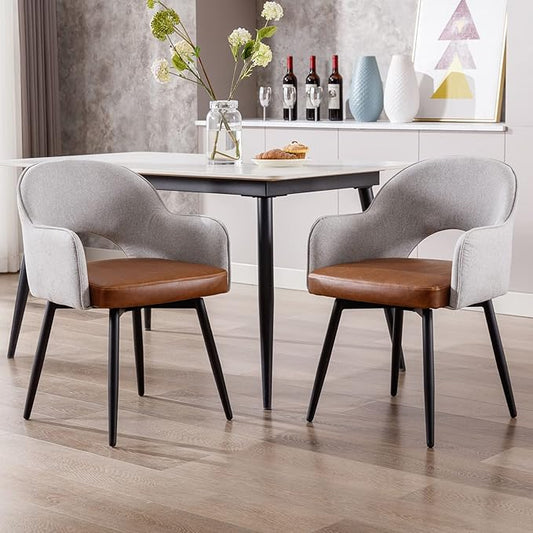 DUOMAY Modern Swivel Dining Chairs Set of 2, Linen & Faux Leather Upholstered Accent Side Chair, Home Office Desk Chair with No Wheels for Dining Room Living Room Office, Light Grey