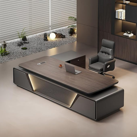 Modern Executive Desk, L Shaped Executive Office Desk with Drawers, Manufactured Wood Computer with Storage Aluminum Alloy Inlaid Curved Surface, Management Working Table (C - Right, L 220cm/86.6in)