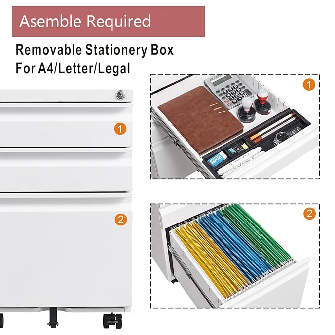 LUCYPAL 3 Drawer Mobile File Cabinet with Lock,Metal Filing Cabinet with Wheels for Legal/Letter Size,Small Filing Cabinets for Home Office Under Desk Storage,White
