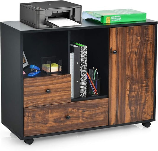 Giantex Mobile Filing Cabinet 2 Drawers, Large Storage Cabinet, Printer Stand on Wheels, Wood Lateral Industrial File Organizer with Open Shelves for Home and Office Use(Black+Brown, 4 Wheels)