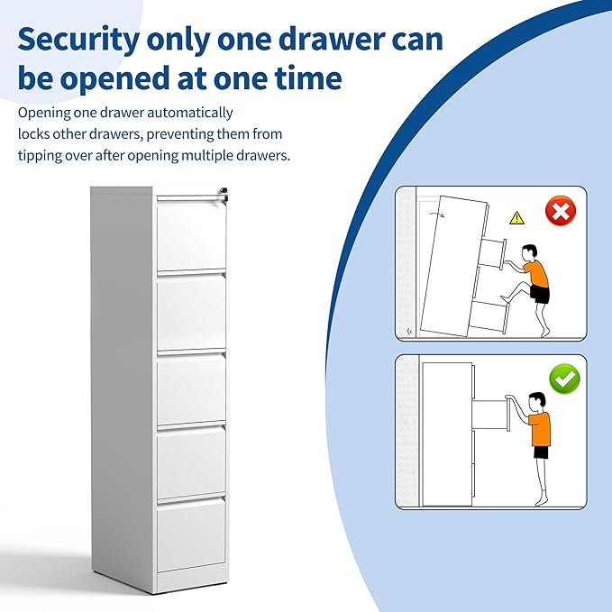 5-Drawer Locking Vertical File Cabinet, Metal Storage Cabinet for Office/Home – Secure Vertical Filing for Letter/Legal/A4/F4 Documents, Easy to Assemble Steel Cabinet (White, 5 Drawer-64 H)