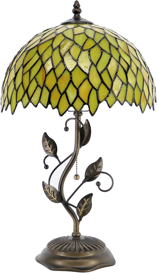 Tiffany Lamp Stained Glass Table Lamp Desk Bedside Reading Light 12X12X19 Inches with Metal Leaf Base(Yellow Wisteria)