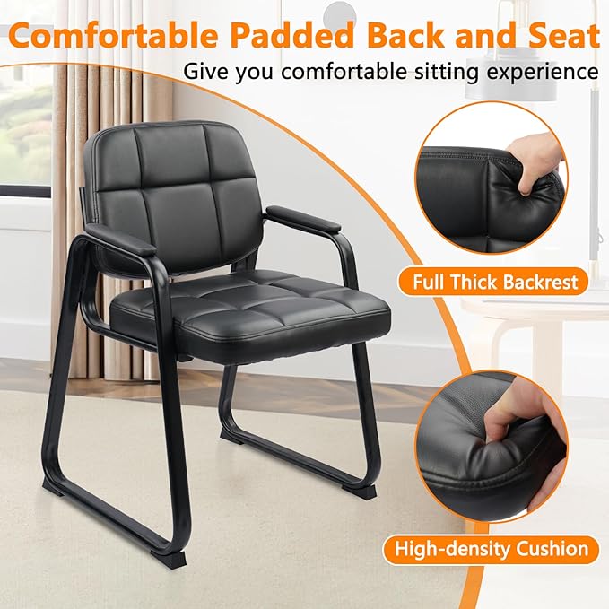 CLATINA Waiting Room Chairs No Wheels Set of 4, Stationary Leather Office Reception Guest Chair with Padded Arms and Sled Base for Elderly Desk Conference Room Lobby Table Side Salon